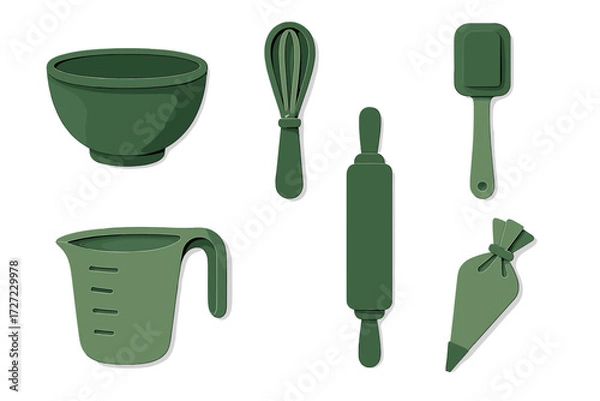 Fototapeta Essential kitchen baking tools set including mixing bowl whisk rolling pin spatula measuring cup and piping bag