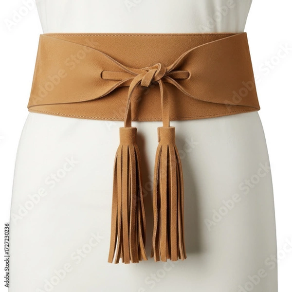 Fototapeta Tan suede obi belt with tassels isolated on transparent background
