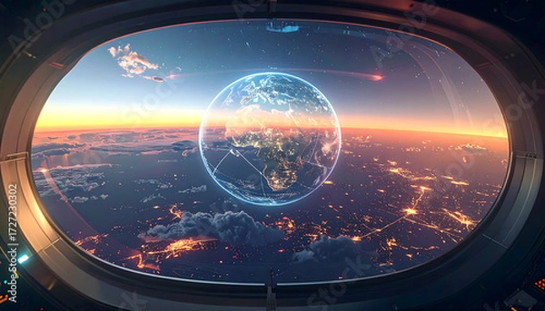 Fototapeta Spaceship Interior with Dome Window View of Earth, Holographic Planetary Map Display and Cosmic Sunrise