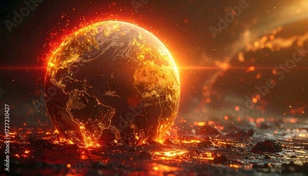Fototapeta Fiery Planet Engulfed in Flames Above Volcanic Landscape with Calming Blue Water, Destruction and Serenity