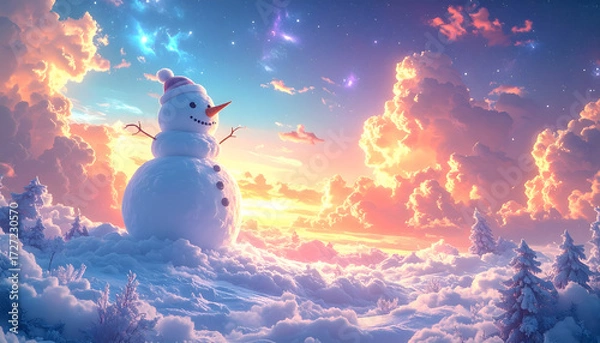 Fototapeta Serene Snowman in Dreamlike Winter Landscape with Colorful Sunrise Sky and Fluffy Clouds, Frozen Tranquility
