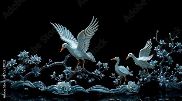 Fototapeta Elegant Korean lacquerware art with cranes and floral patterns on black background