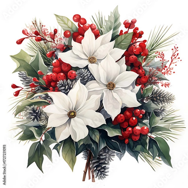 Obraz A beautiful festive holiday bouquet featuring white poinsettias vibrant red berries pine needles and pinecones perfect for christmas and winter celebrations
