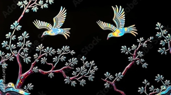 Fototapeta Elegant Korean lacquerware art with cranes and floral patterns on black background
