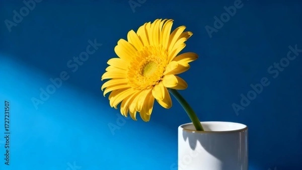 Fototapeta A vibrant yellow gerbera daisy in a white vase against a deep blue background, illuminated by soft natural light.