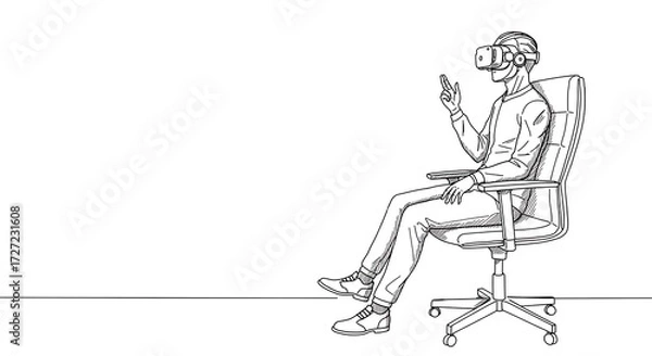 Fototapeta futuristic office scene with a high tech chai, virtual reality headset, and artificial intelligence assistant, subject seated on the righ