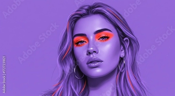 Fototapeta portrait of a beautiful woman with neon makeup and hairstyle, positioned at the bottom of the frame with soft lavender tone, ideal for a photo with clear copy space at the top
