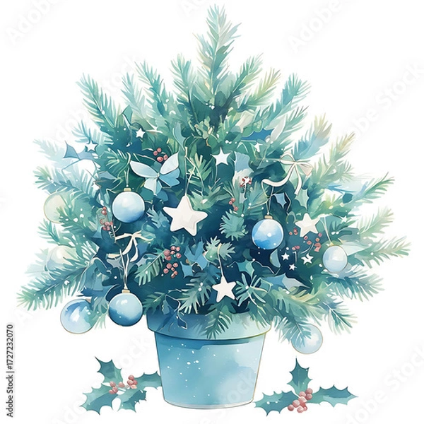 Obraz Beautifully decorated watercolor christmas tree with blue ornaments and star accents in a pot perfect for holiday greetings and winter celebrations