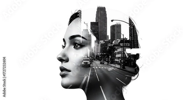 Fototapeta womans profile face with urban digital montage overlay, symbolizing fusion of human identity and digital world, black and white minimalist sketch