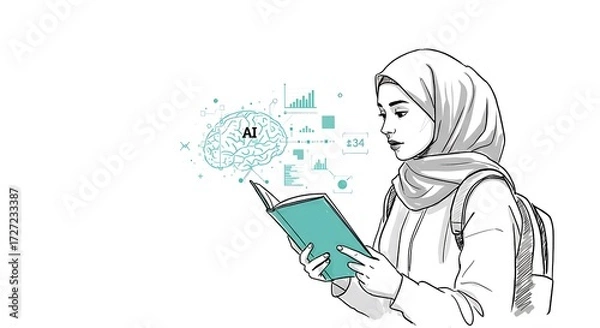 Fototapeta biracial female student in hijab reading book with ai text brain and data overlay on the left side, turquoise tone, perfect for photos with clear copy space on the right