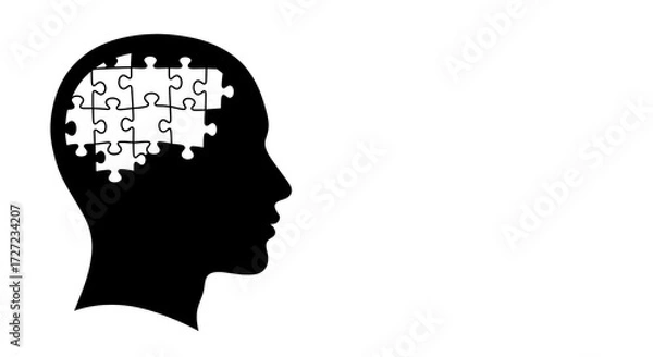 Fototapeta silhouette of head with interlocked puzzle pieces on the left, representing adhd and mental health struggle, ample copy space on the right, black and white minimalist sketch