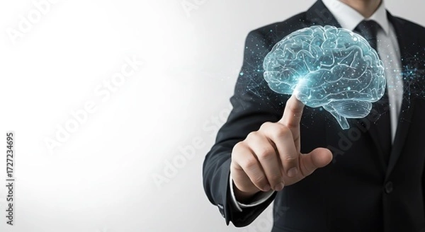 Fototapeta businessman touching digital human brain with cell and neurons activity, subject on the left with copy space on the right, black and white minimalist sketch