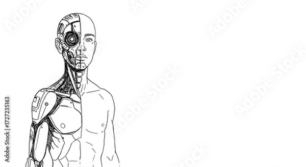Fototapeta cybernetic enhancements in human bodies concept, subject with futuristic technology on the right side, leaving clear copy space on the left for text or graphics, black and white minimalist sketch