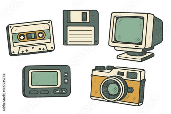Obraz Assortment of vintage tech objects such as a compact cassette, floppy diskette, desktop computer screen, handheld pager, and film camera