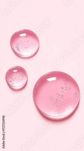 Fototapeta Three translucent pink droplets with delicate bubbles rest on a soft pastel background, showcasing a minimalist and serene aesthetic.