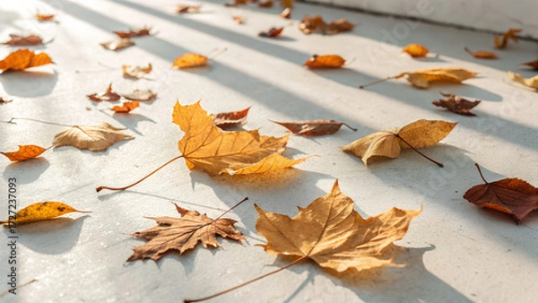 Fototapeta Minimal autumn background, scattered golden orange leaves on a smooth light surface, soft sunlight, gentle shadows, clean composition, large copy space, perfect for product mockups or seasonal ads.