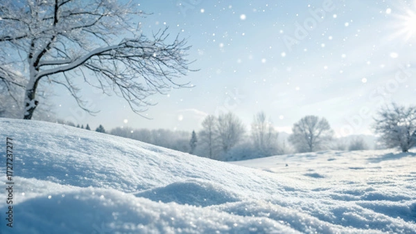 Fototapeta Minimalistic winter background with fresh white snow, soft shadows and natural light, perfect for seasonal marketing, holiday greetings, or product mockups. copy space.