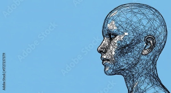 Fototapeta a generative human head shape illustration symbolizing artificial intelligence, positioned on the right side against a sky blue background, ample copy space on the left for text or design elements