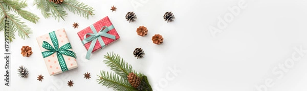 Fototapeta Christmas Gift Boxes with Copy Space on White Background. Banner.