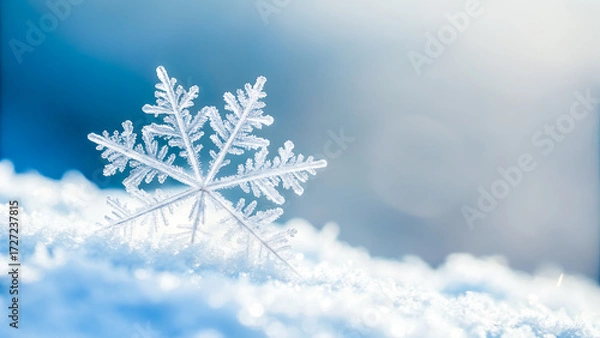 Fototapeta Macro close-up of a single snowflake on a soft blurred background, minimal composition, copy space, perfect for winter greeting cards and science or nature themes.