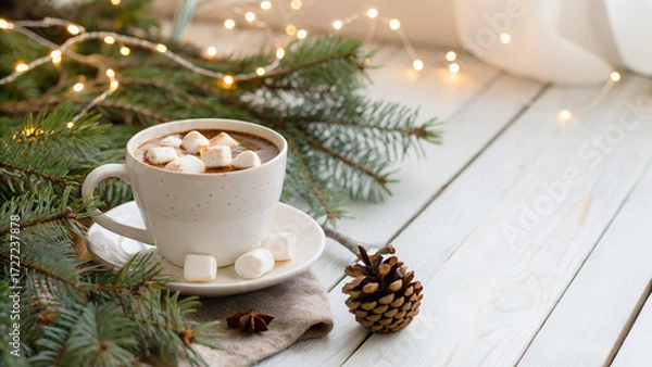 Fototapeta Warm cup of hot chocolate with marshmallows on a rustic wooden table, pine branches and fairy lights in background, cozy winter atmosphere, copy space, photorealistic, lifestyle stock style.