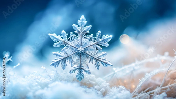 Fototapeta Macro close-up of a single snowflake on a soft blurred background, minimal composition, copy space, perfect for winter greeting cards and science or nature themes.