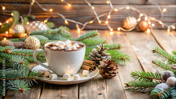 Fototapeta Warm cup of hot chocolate with marshmallows on a rustic wooden table, pine branches and fairy lights in background, cozy winter atmosphere, copy space, photorealistic, lifestyle stock style.