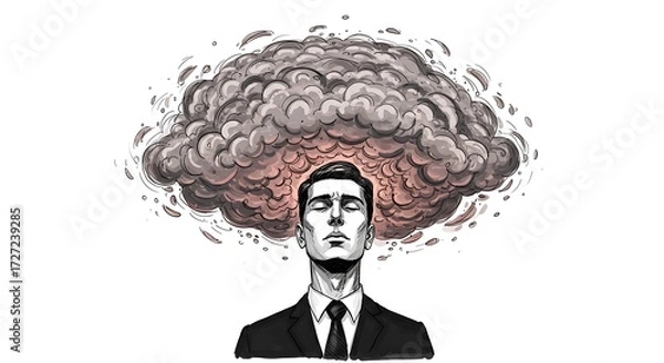 Fototapeta radiant style illustration of a businessmans mind exploding from problems and fatigue, pastel tones, black and white minimalist sketch