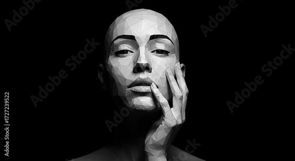 Fototapeta polygonal human face overlaying womans hand on dark background, close u, top position for subject with clear copy space at the bottom, black and white minimalist sketch