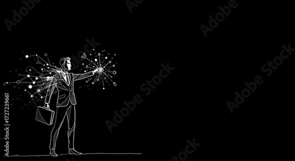 Fototapeta businessman creating futuristic energy on dark background, subject on left with copy space on right, black and white minimalist sketch