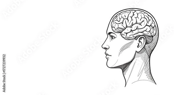 Fototapeta genius human head with ai brain on the right side, in flat design style, clear copy space on the left for text, black and white minimalist sketch