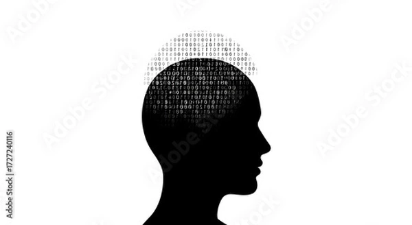 Fototapeta silhouette of a human head emerging from swirling binary code, symbolizing the future of intelligence driven by ai and innovation
