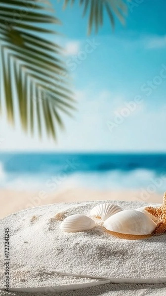 Fototapeta A serene tropical beach scene featuring white sand, seashells, and palm fronds against a vibrant blue sky and ocean.