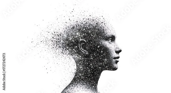 Fototapeta human head with glowing particle, subject on right, copy space on left, bright pop style, under stormy flash, black and white minimalist sketch