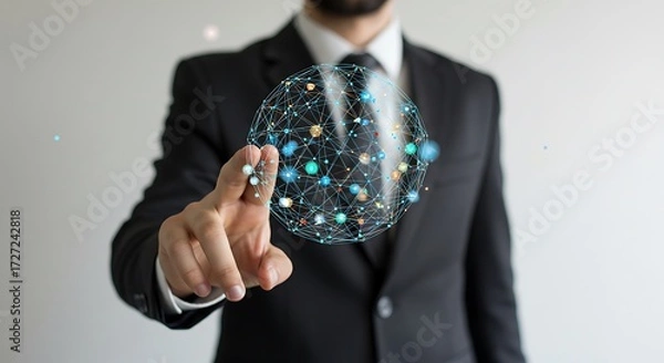 Fototapeta businessman on right side with blurred background, touching 3d rendering flying network sphere, copy space on the left, black and white minimalist sketch