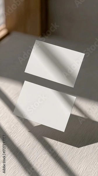 Fototapeta Two blank business cards resting on a textured surface with soft sunlight casting diagonal shadows, creating a minimalist and professional aesthetic.