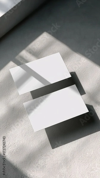 Fototapeta Two blank business cards resting on a textured surface, illuminated by natural light casting sharp shadows.