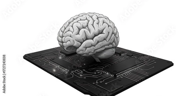 Fototapeta futuristic human brain over dark circuit board with glowing connections on the right, cyberpunk style, black and white minimalist sketch