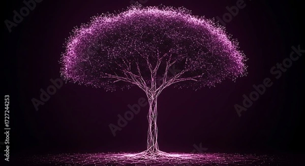 Fototapeta prismatic style illustration of a tree symbolizing big data science network, on a dark background with radiant pink tone