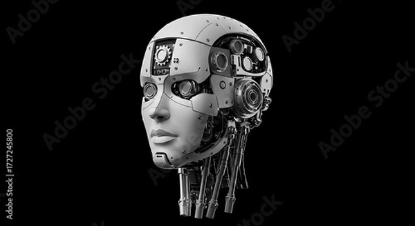 Fototapeta 3d rendering of steampunk artificial intelligence cyborg head on black background, subject on left with copy space on right, black and white minimalist sketch
