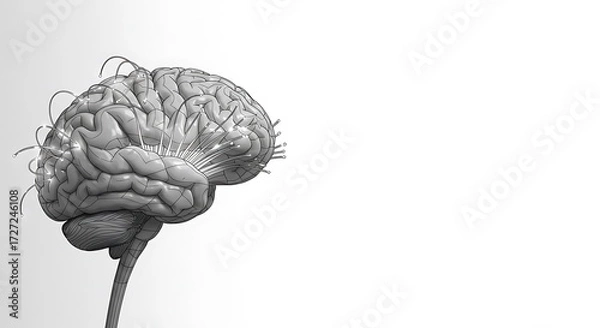 Fototapeta brain wired with fiber optic, subject on left, copy space on right, black and white minimalist sketch