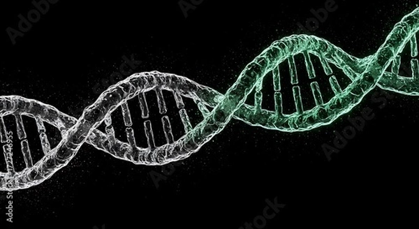 Fototapeta futuristic metallic and glassy dna strand with swirling digital lines and particles on dark backdrop, subject on right side with luminous green tones, black and white minimalist sketch
