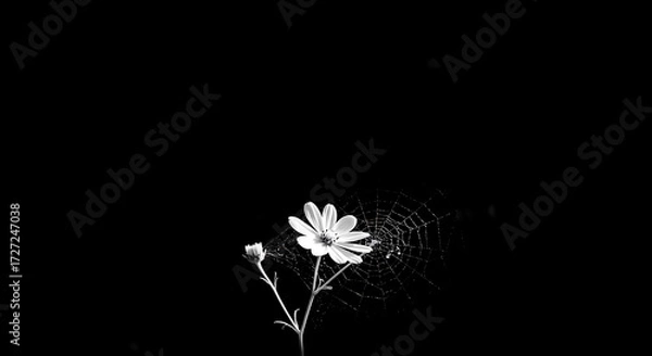 Fototapeta single delicate flower art prompt: white 3d spiderweb over black background, with a single delicate flower positioned at the bottom under crisp sunlight