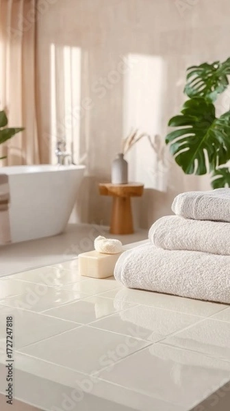 Fototapeta A serene bathroom with a white bathtub, neatly folded towels, and a potted plant, bathed in soft natural light.