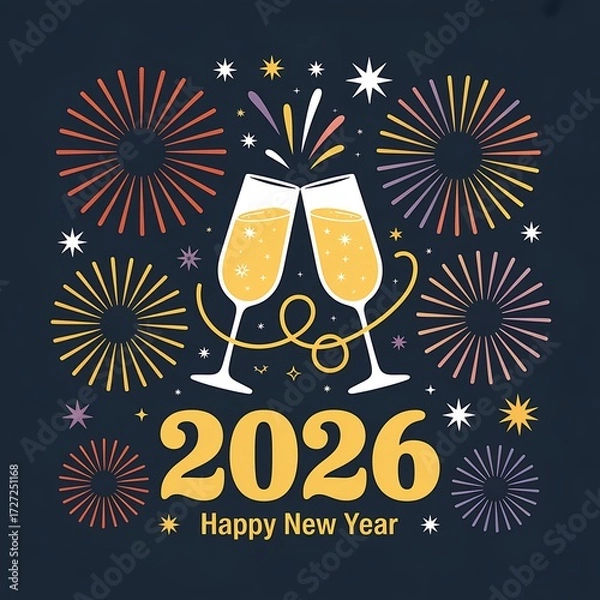 Obraz Festive 2026 new year celebration with champagne and fireworks illustration