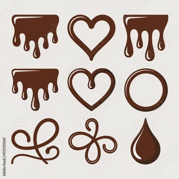 Obraz A collection of chocolate themed vector graphics including drips hearts and decorative swirls on white