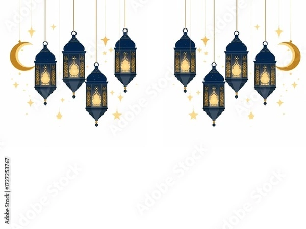 Obraz Decorative blue Arabic lanterns with glowing crescent moons and stars hanging on a white background, perfect for Islamic festival greetings