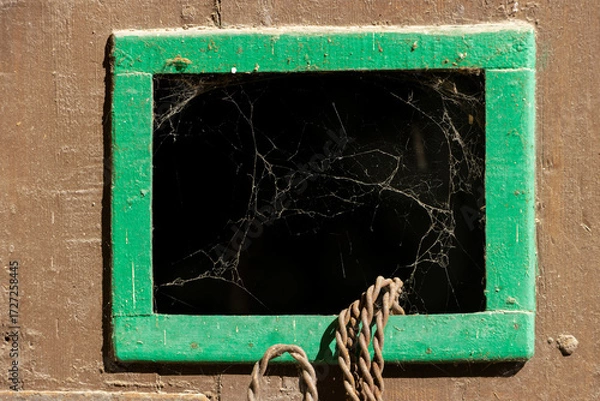 Fototapeta Close-up view of a small, rustic window in a door with cobwebs inside and iron wire hanging outside.