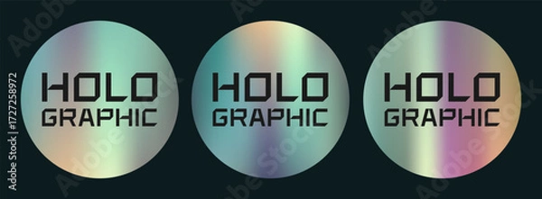 Fototapeta Three of realistic sticker, label, tag with holographic effect. Isolated shiny rainbow emblem, hologram template, mockup. Vector EPS10	