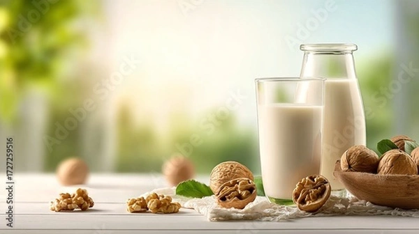 Fototapeta A serene display of fresh walnuts and a glass of creamy milk on a rustic wooden table, set against a soft, natural backdrop.